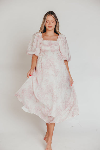 Melody Maxi Dress with Pleats and Bow Detail in Pink Toile - Bump Friendly & Inclusive Sizing (XL-3XL)