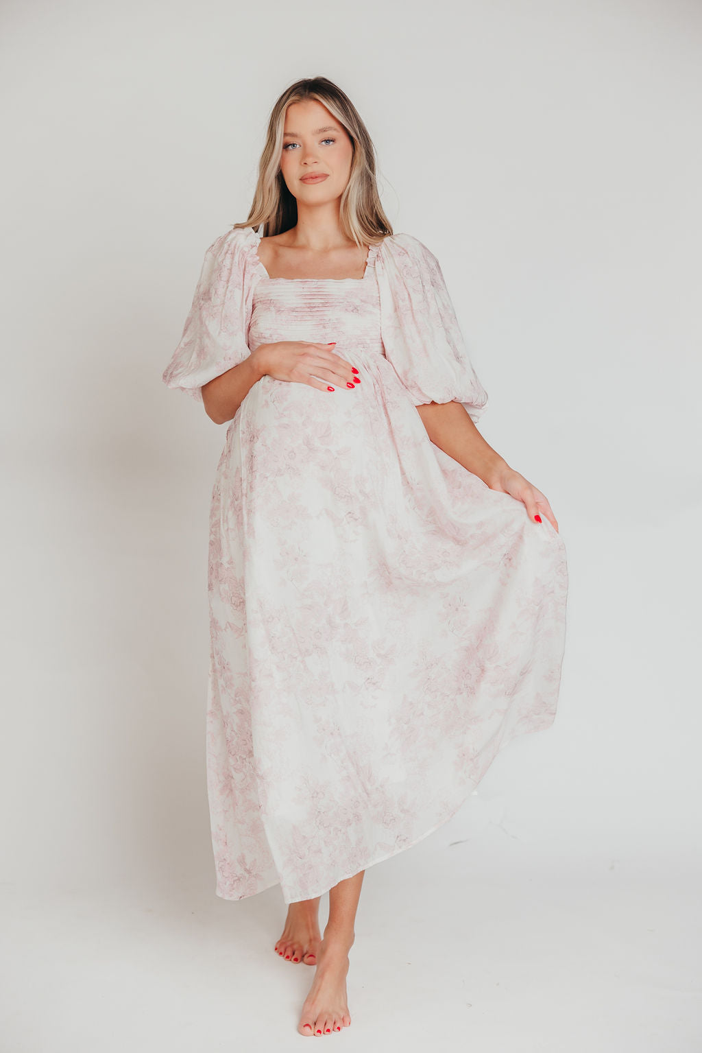 Melody Maxi Dress with Pleats and Bow Detail in Pink Toile - Bump Friendly & Inclusive Sizing (XL-3XL)