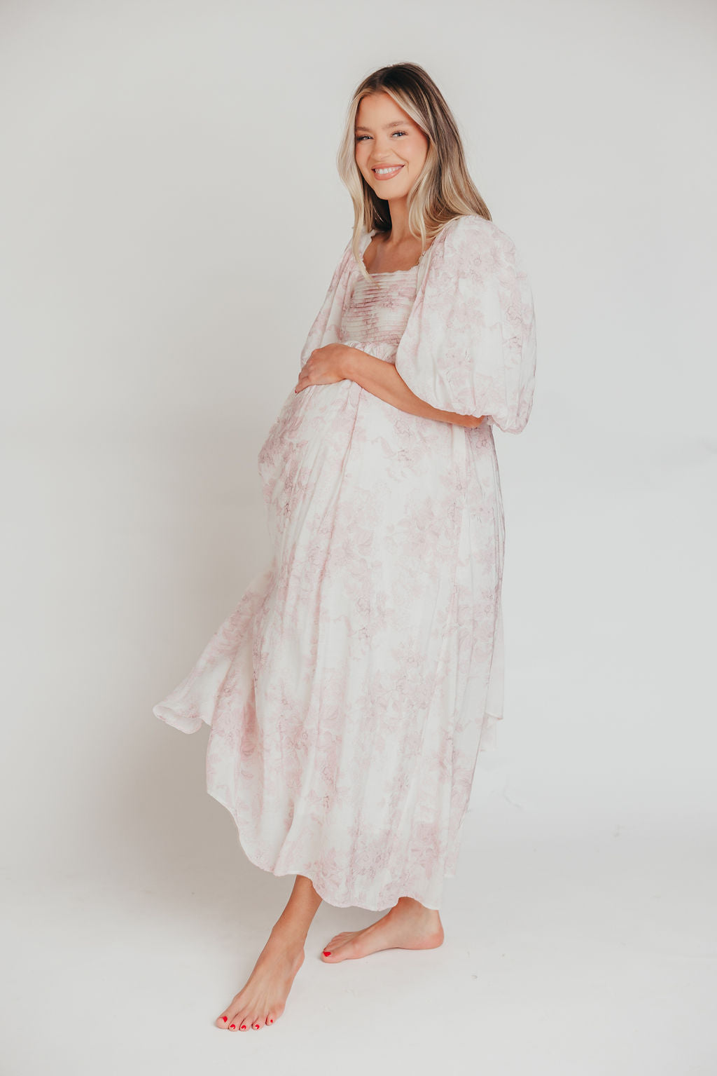 Melody Maxi Dress with Pleats and Bow Detail in Pink Toile - Bump Friendly & Inclusive Sizing (XL-3XL)