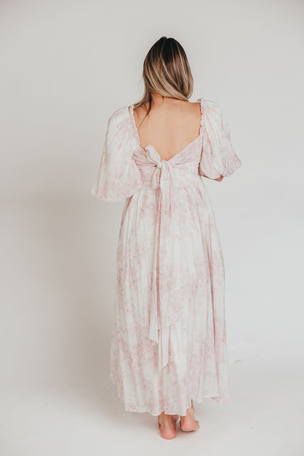 Melody Maxi Dress with Pleats and Bow Detail in Pink Toile - Bump Friendly & Inclusive Sizing (XL-3XL)