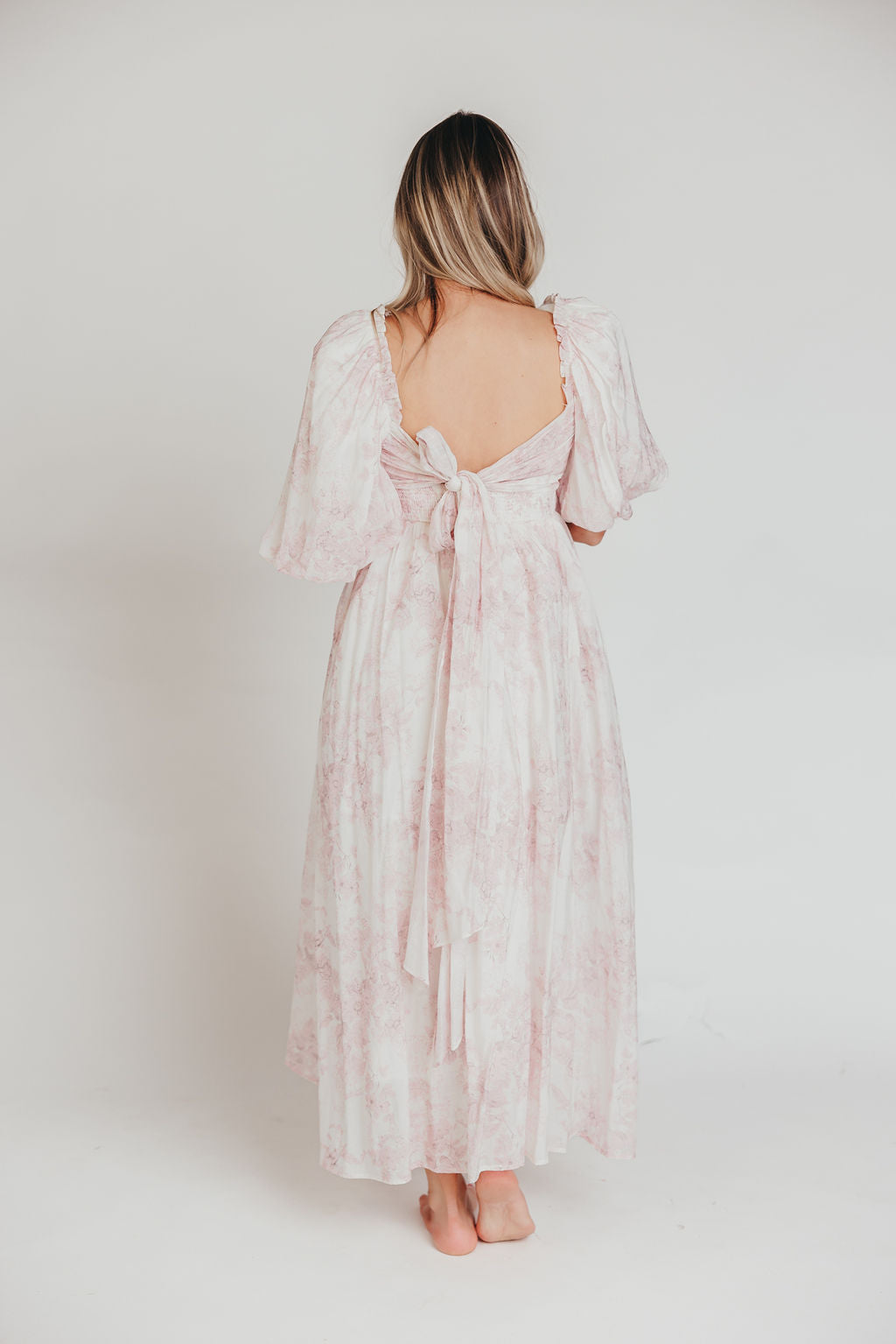 Melody Maxi Dress with Pleats and Bow Detail in Pink Toile - Bump Friendly & Inclusive Sizing (XL-3XL)