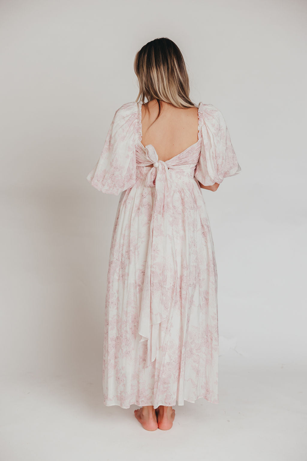 Melody Maxi Dress with Pleats and Bow Detail in Pink Toile - Bump Friendly & Inclusive Sizing (XL-3XL)