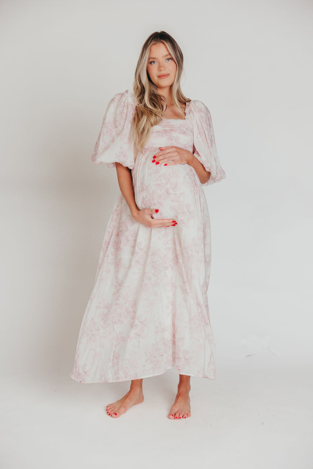 Melody Maxi Dress with Pleats and Bow Detail in Pink Toile - Bump Friendly & Inclusive Sizing (XL-3XL)