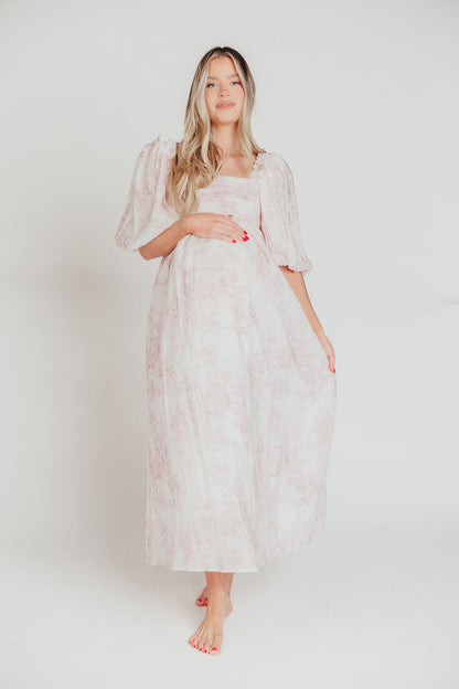 Melody Maxi Dress with Pleats and Bow Detail in Pink Toile - Bump Friendly & Inclusive Sizing (XL-3XL)