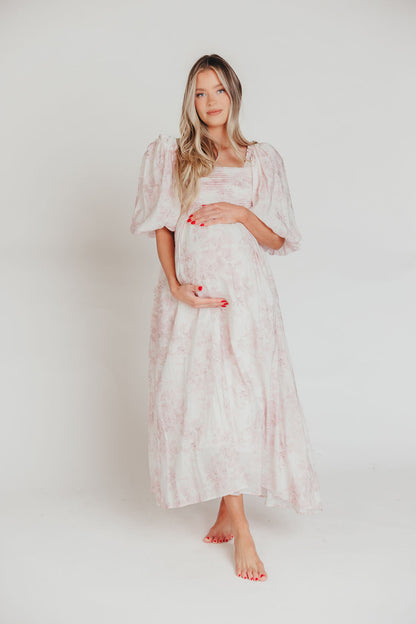 Melody Maxi Dress with Pleats and Bow Detail in Pink Toile - Bump Friendly & Inclusive Sizing (XL-3XL)