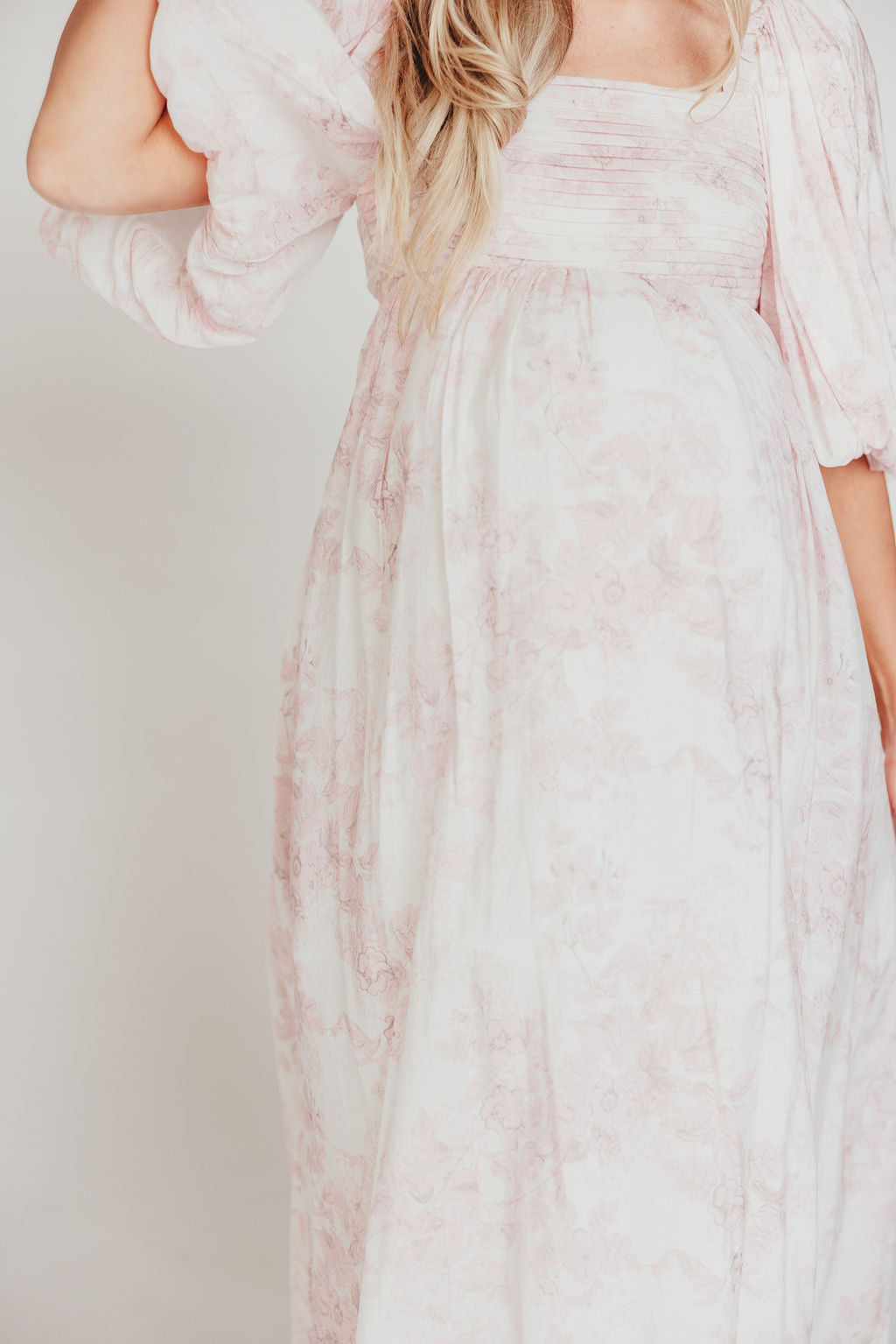 Melody Maxi Dress with Pleats and Bow Detail in Pink Toile - Bump Friendly & Inclusive Sizing (XL-3XL)