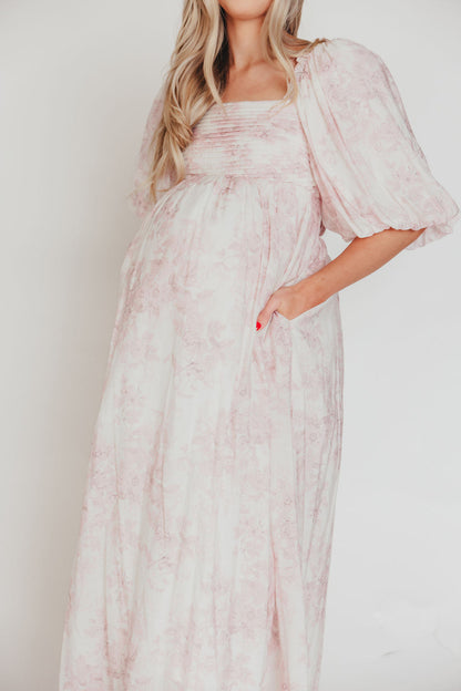 Melody Maxi Dress with Pleats and Bow Detail in Pink Toile - Bump Friendly & Inclusive Sizing (XL-3XL)