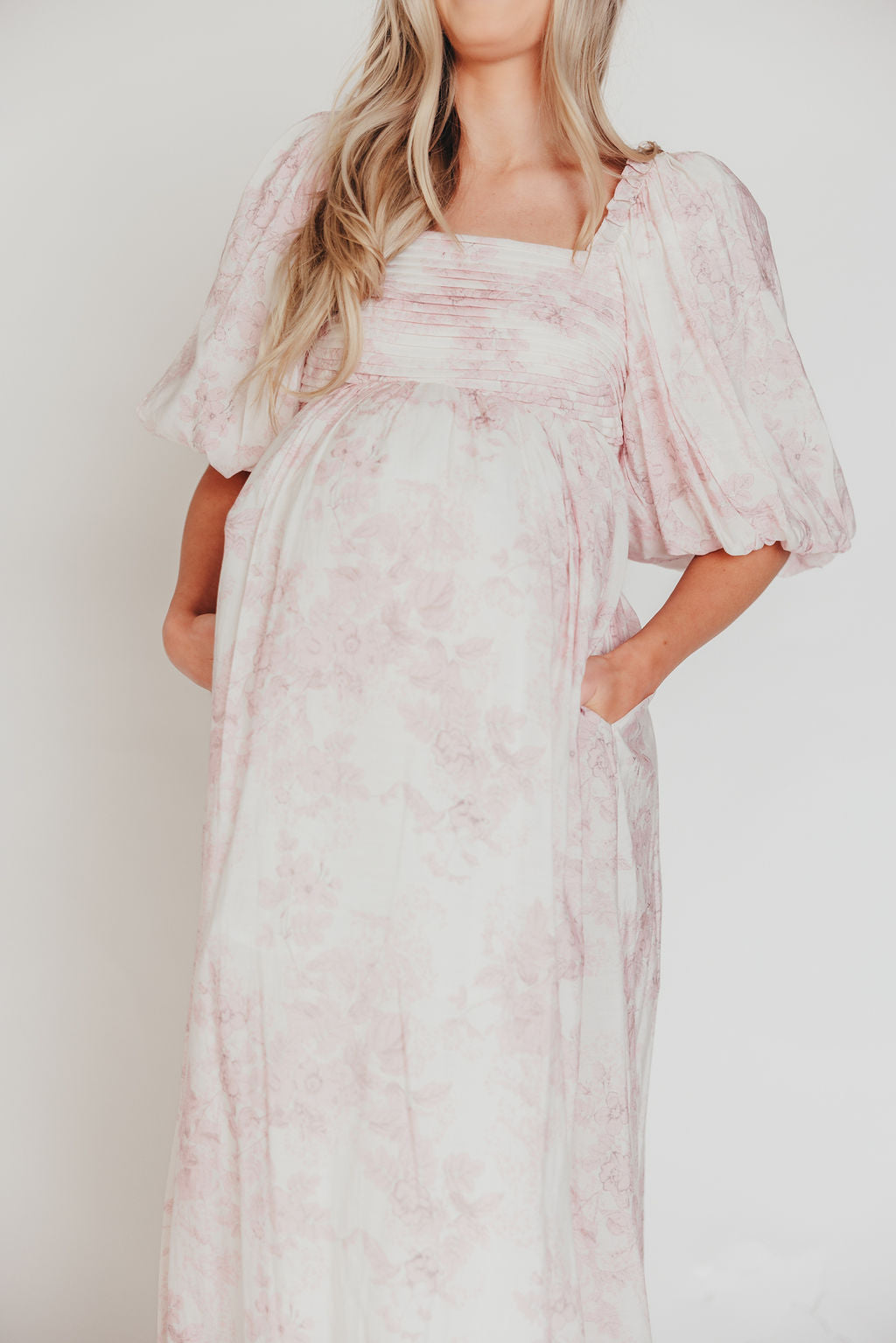 Melody Maxi Dress with Pleats and Bow Detail in Pink Toile - Bump Friendly & Inclusive Sizing (XL-3XL)