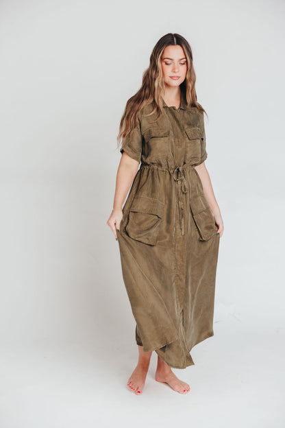 Alexis Viscose Maxi Shirt Dress in Olive - Nursing Friendly