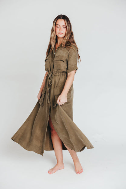 Alexis Viscose Maxi Shirt Dress in Olive - Nursing Friendly