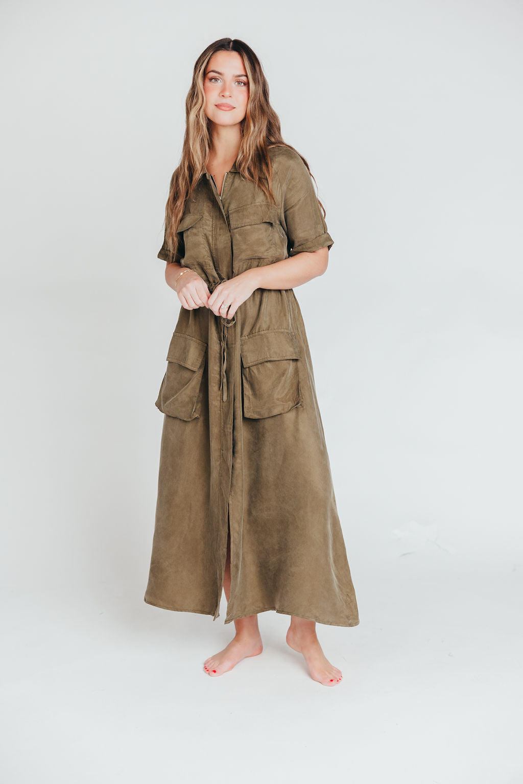 Alexis Viscose Maxi Shirt Dress in Olive - Nursing Friendly