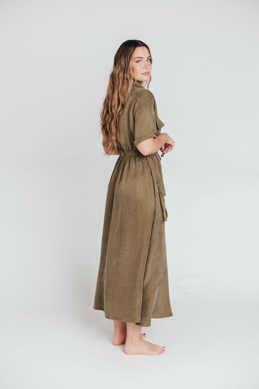 Alexis Viscose Maxi Shirt Dress in Olive - Nursing Friendly