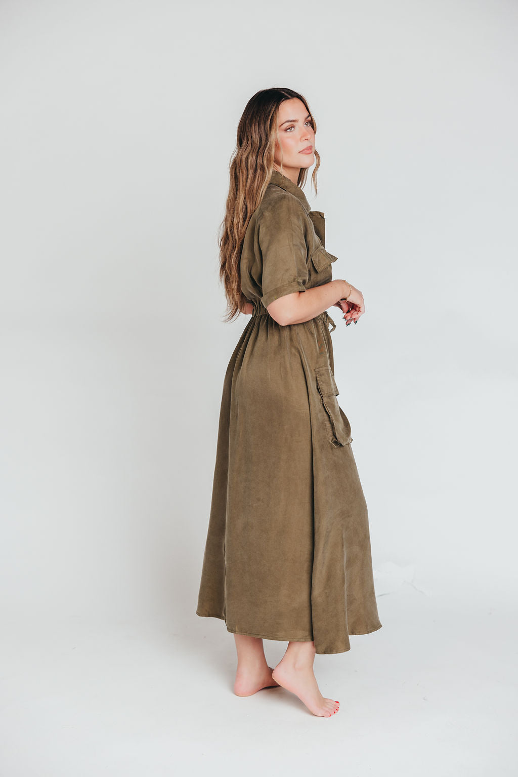 Alexis Viscose Maxi Shirt Dress in Olive - Nursing Friendly