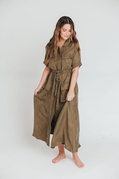 Alexis Viscose Maxi Shirt Dress in Olive - Nursing Friendly