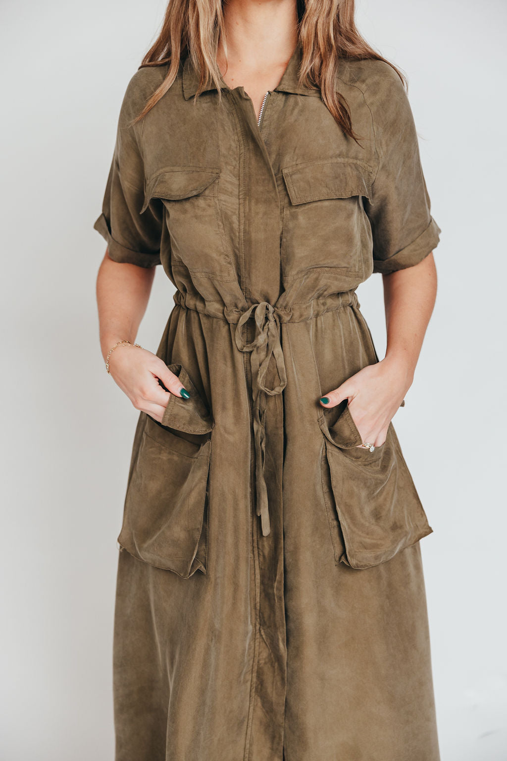 Alexis Viscose Maxi Shirt Dress in Olive - Nursing Friendly