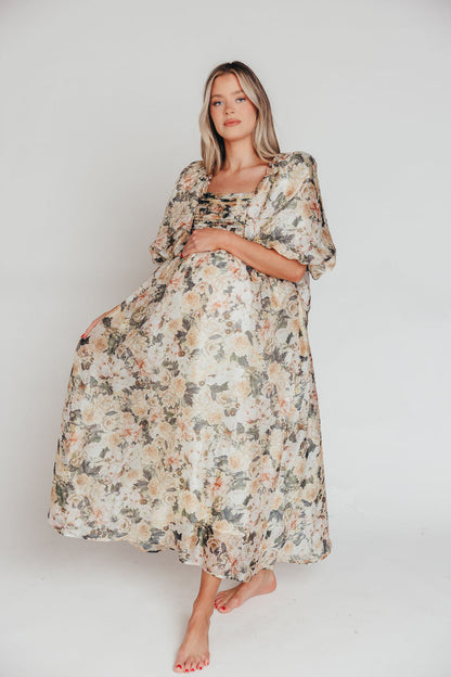 Melody Maxi Dress with Pleats and Bow Detail in Champagne Floral - Bump Friendly & Inclusive Sizing (S-3XL)