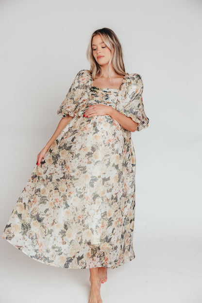 Melody Maxi Dress with Pleats and Bow Detail in Champagne Floral - Bump Friendly & Inclusive Sizing (S-3XL)