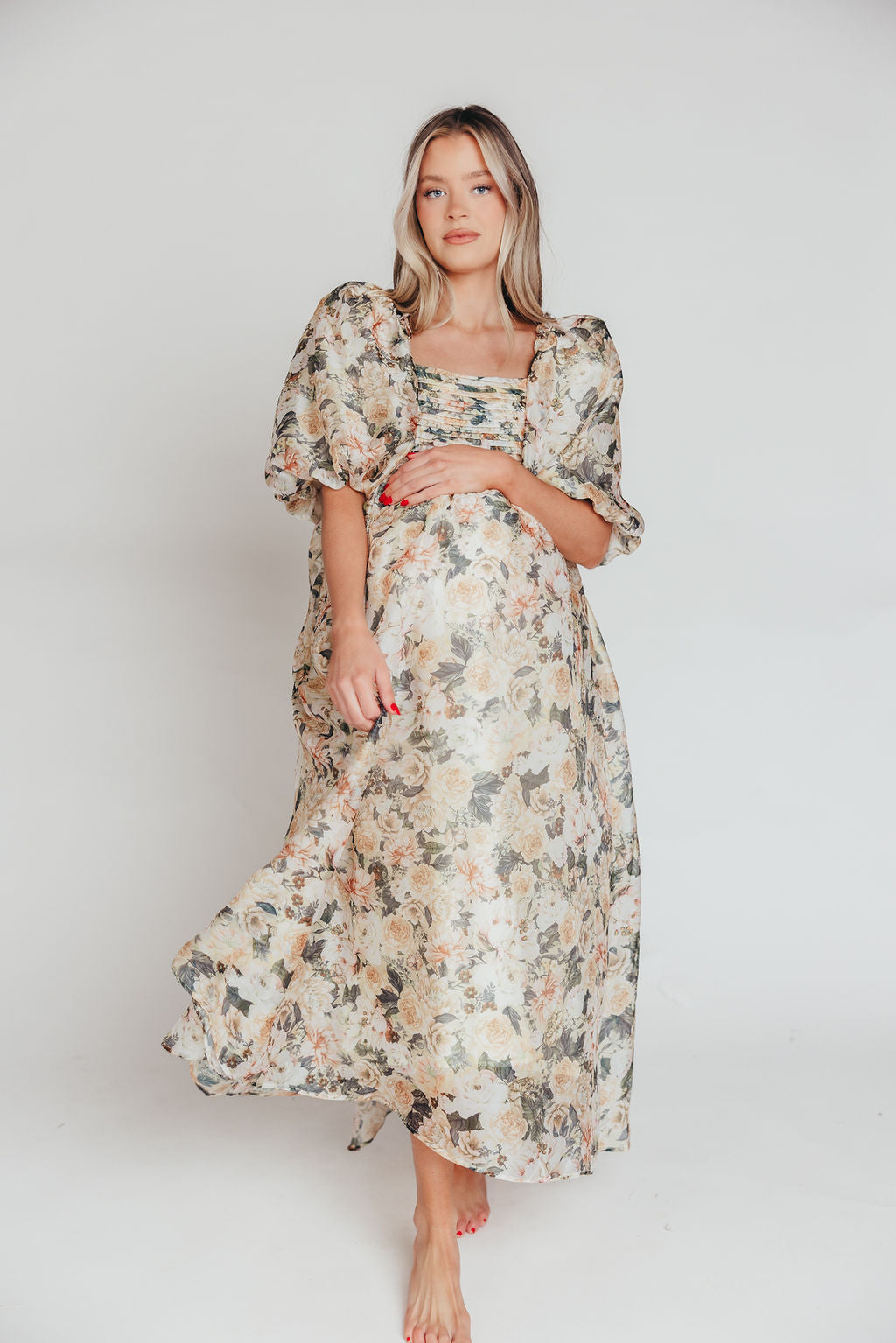 Melody Maxi Dress with Pleats and Bow Detail in Champagne Floral - Bump Friendly & Inclusive Sizing (S-3XL)