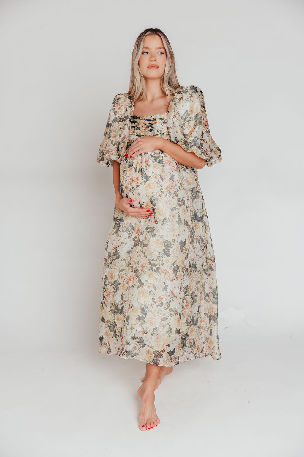 Melody Maxi Dress with Pleats and Bow Detail in Champagne Floral - Bump Friendly & Inclusive Sizing (S-3XL)