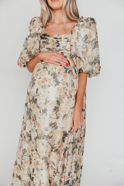 Melody Maxi Dress with Pleats and Bow Detail in Champagne Floral - Bump Friendly & Inclusive Sizing (S-3XL)