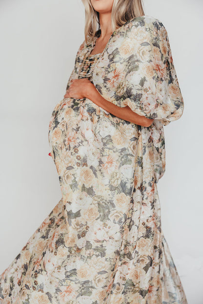 Melody Maxi Dress with Pleats and Bow Detail in Champagne Floral - Bump Friendly & Inclusive Sizing (S-3XL)