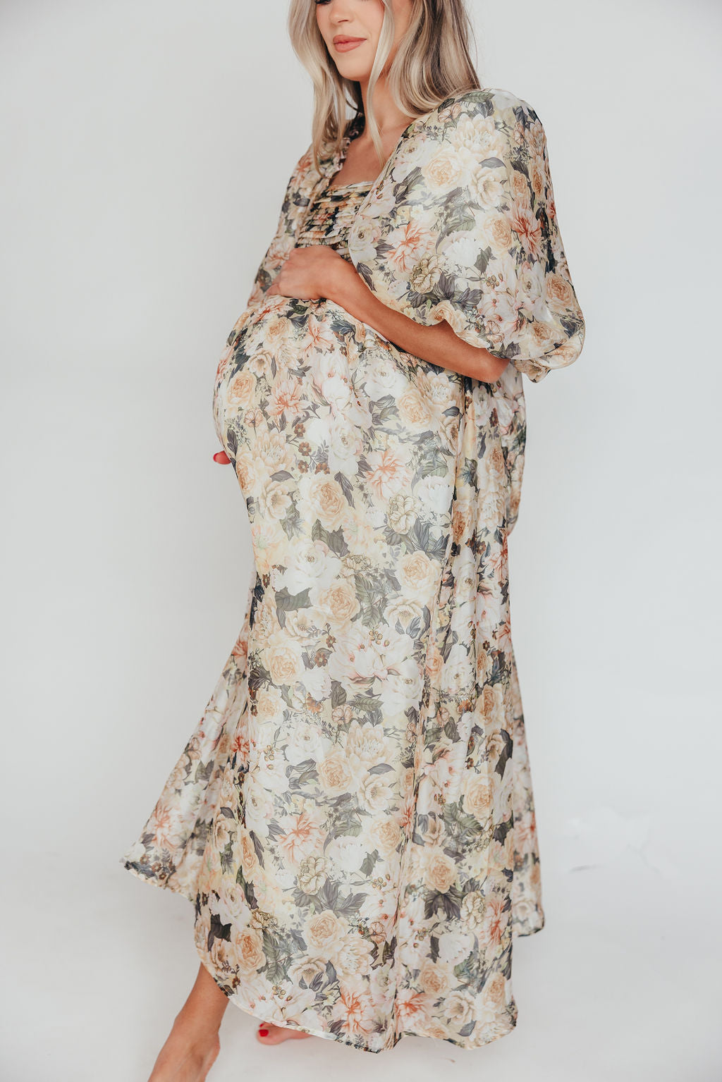 Melody Maxi Dress with Pleats and Bow Detail in Champagne Floral - Bump Friendly & Inclusive Sizing (S-3XL)