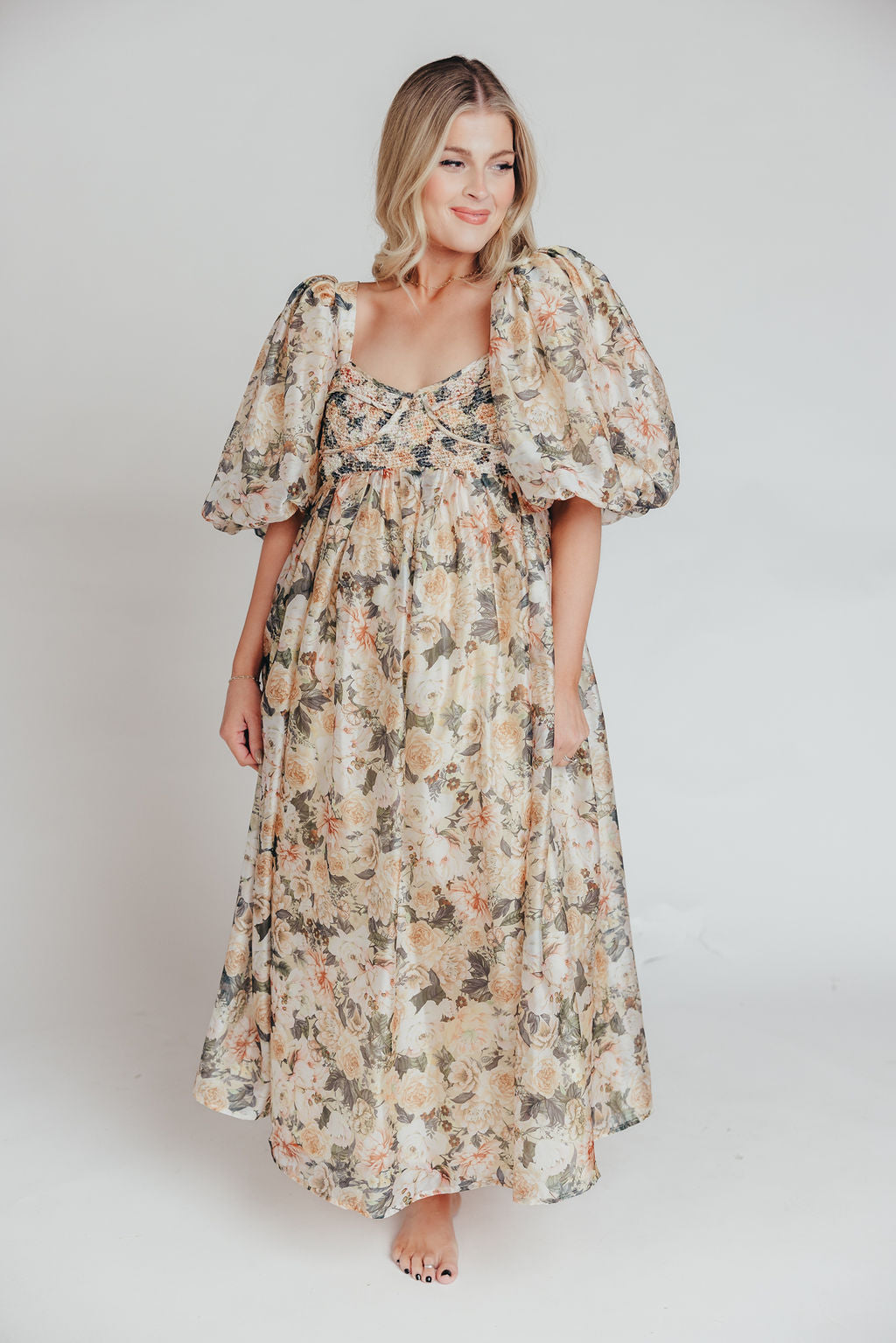 Harlow Maxi Dress in Champagne Floral - Bump Friendly & Inclusive Sizing (S-3XL)