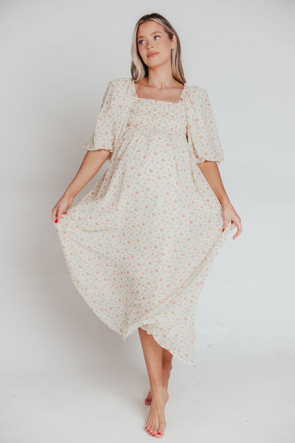 Melody Maxi Dress with Pleats and Bow Detail in Ivory Floral- Bump Friendly & Inclusive Sizing (S-3XL)