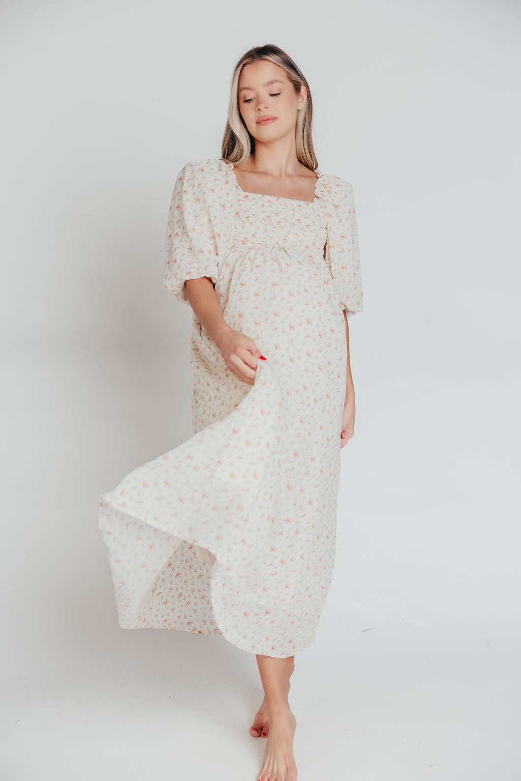 Melody Maxi Dress with Pleats and Bow Detail in Ivory Floral- Bump Friendly & Inclusive Sizing (S-3XL)