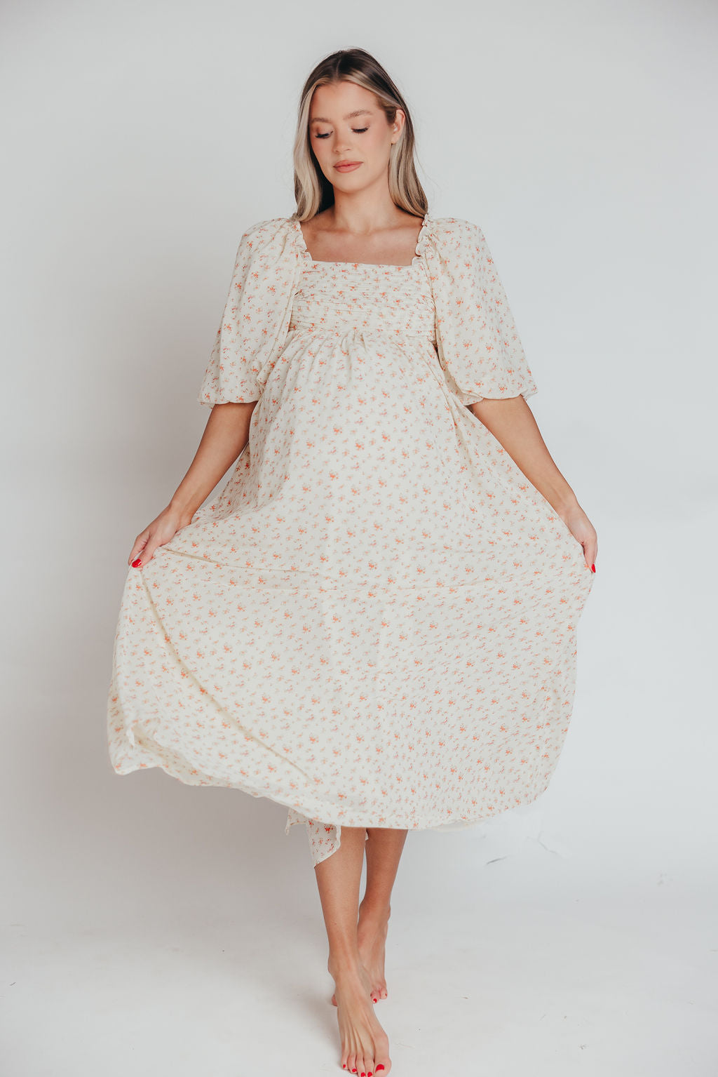 Melody Maxi Dress with Pleats and Bow Detail in Ivory Floral- Bump Friendly & Inclusive Sizing (S-3XL)