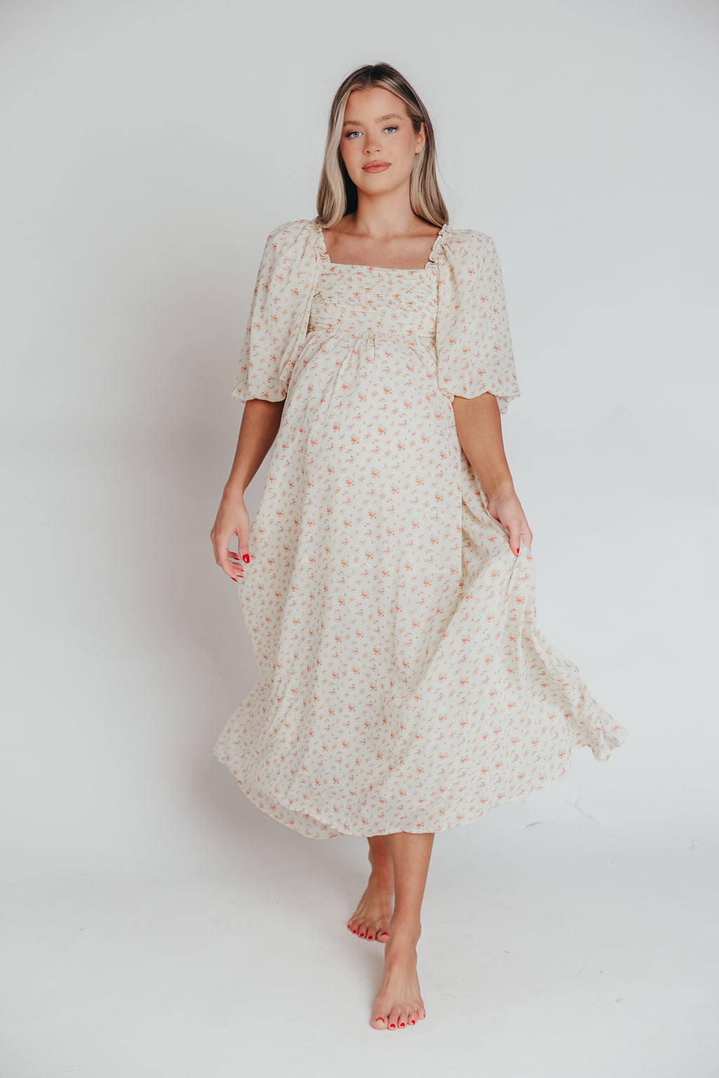 Melody Maxi Dress with Pleats and Bow Detail in Ivory Floral- Bump Friendly & Inclusive Sizing (S-3XL)