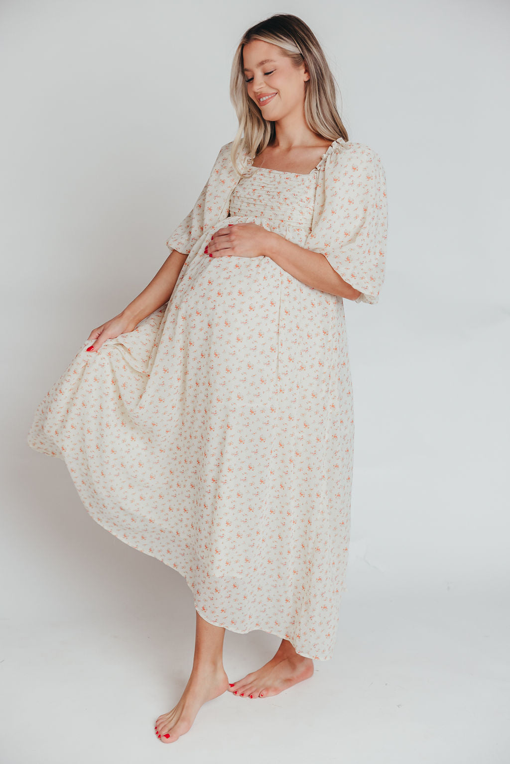 Melody Maxi Dress with Pleats and Bow Detail in Ivory Floral- Bump Friendly & Inclusive Sizing (S-3XL)