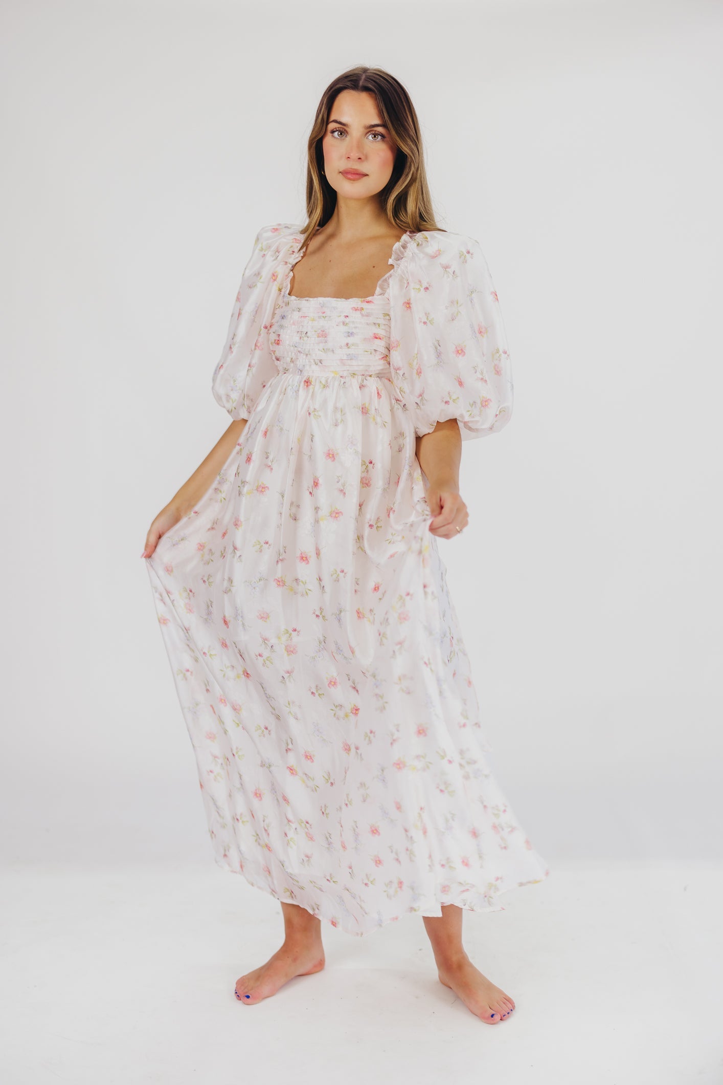 Melody Maxi Dress with Pleats and Bow Detail in Pink Rose Floral - Bump Friendly & Inclusive Sizing (S-3XL)