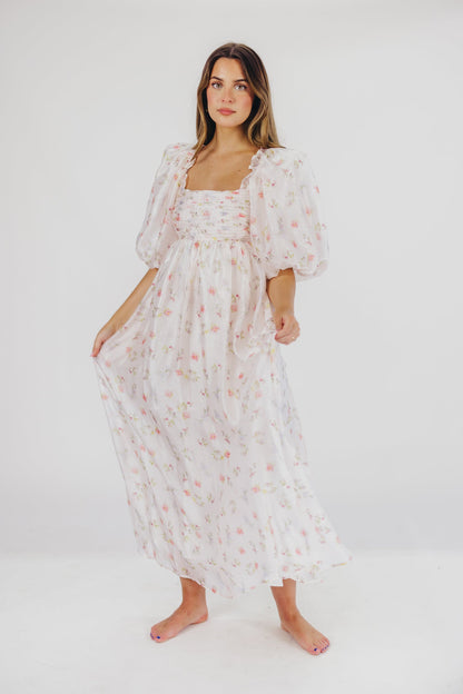 Melody Maxi Dress with Pleats and Bow Detail in Pink Rose Floral - Bump Friendly & Inclusive Sizing (S-3XL)