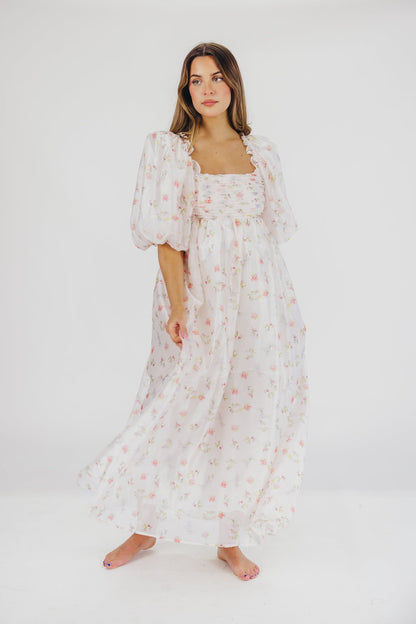 Melody Maxi Dress with Pleats and Bow Detail in Pink Rose Floral - Bump Friendly & Inclusive Sizing (S-3XL)