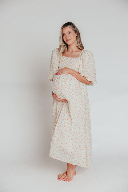 Melody Maxi Dress with Pleats and Bow Detail in Ivory Floral- Bump Friendly & Inclusive Sizing (S-3XL)