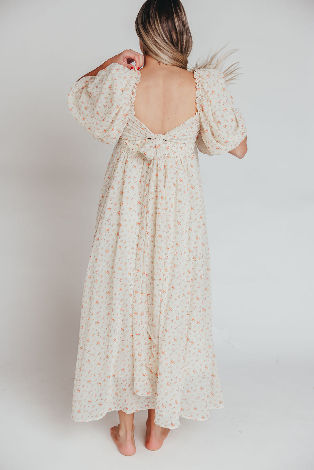 Melody Maxi Dress with Pleats and Bow Detail in Ivory Floral- Bump Friendly & Inclusive Sizing (S-3XL)