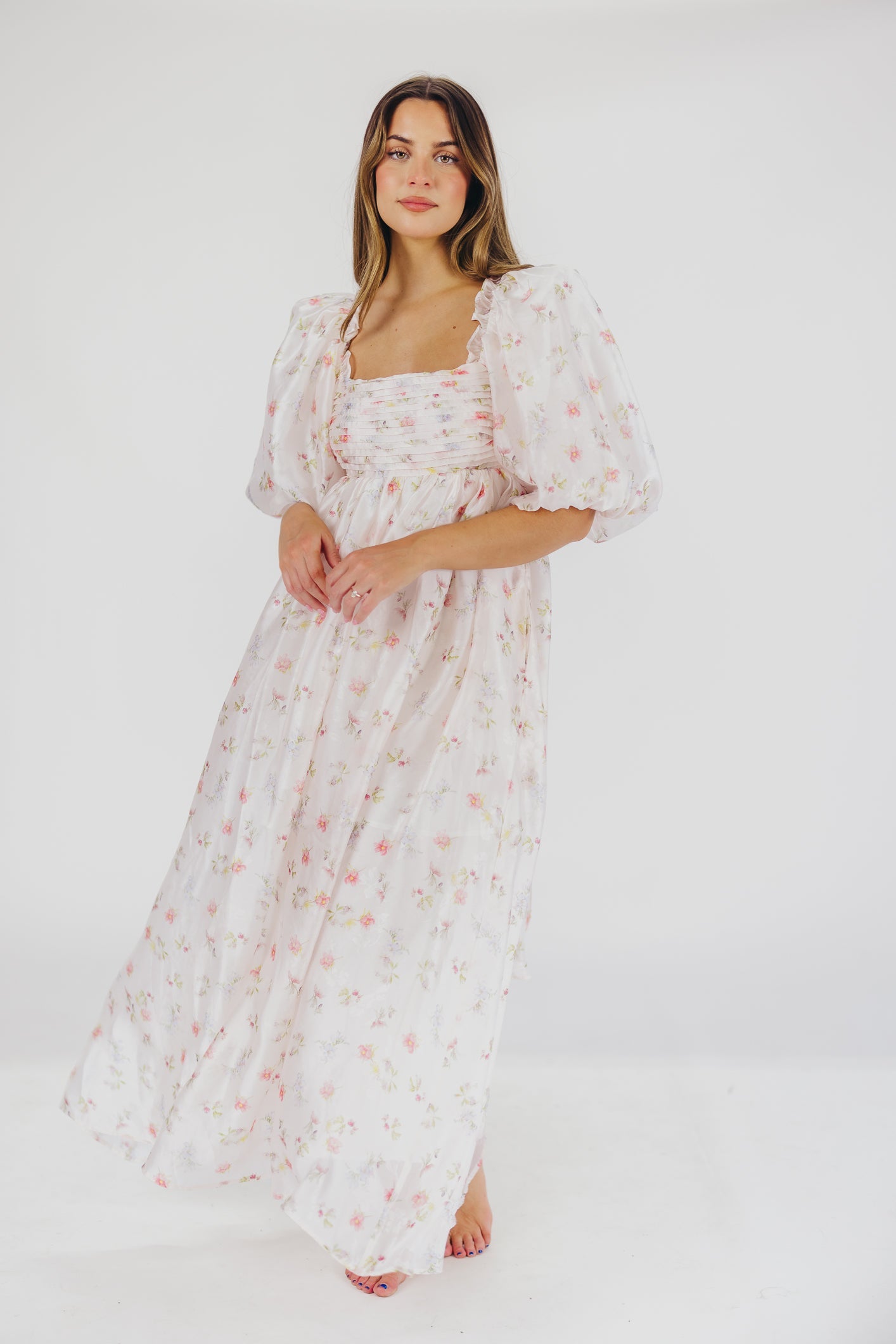 Melody Maxi Dress with Pleats and Bow Detail in Pink Rose Floral - Bump Friendly & Inclusive Sizing (S-3XL)