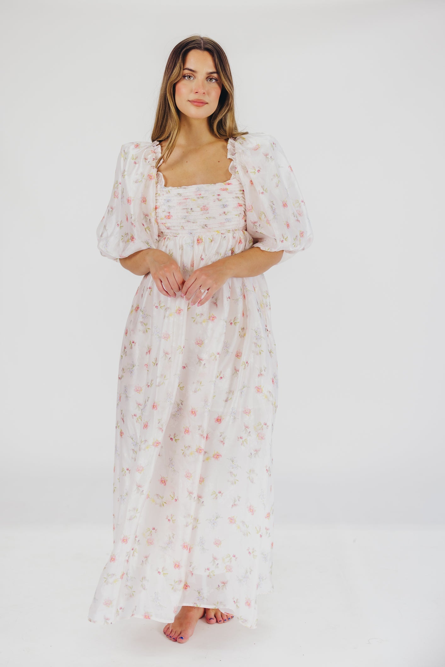 Melody Maxi Dress with Pleats and Bow Detail in Pink Rose Floral - Bump Friendly & Inclusive Sizing (S-3XL)