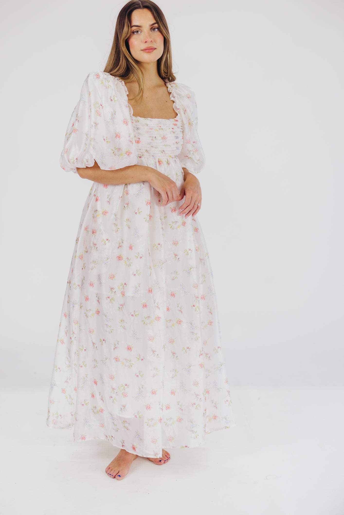 Melody Maxi Dress with Pleats and Bow Detail in Pink Rose Floral - Bump Friendly & Inclusive Sizing (S-3XL)