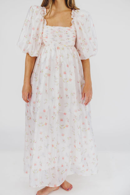 Melody Maxi Dress with Pleats and Bow Detail in Pink Rose Floral - Bump Friendly & Inclusive Sizing (S-3XL)