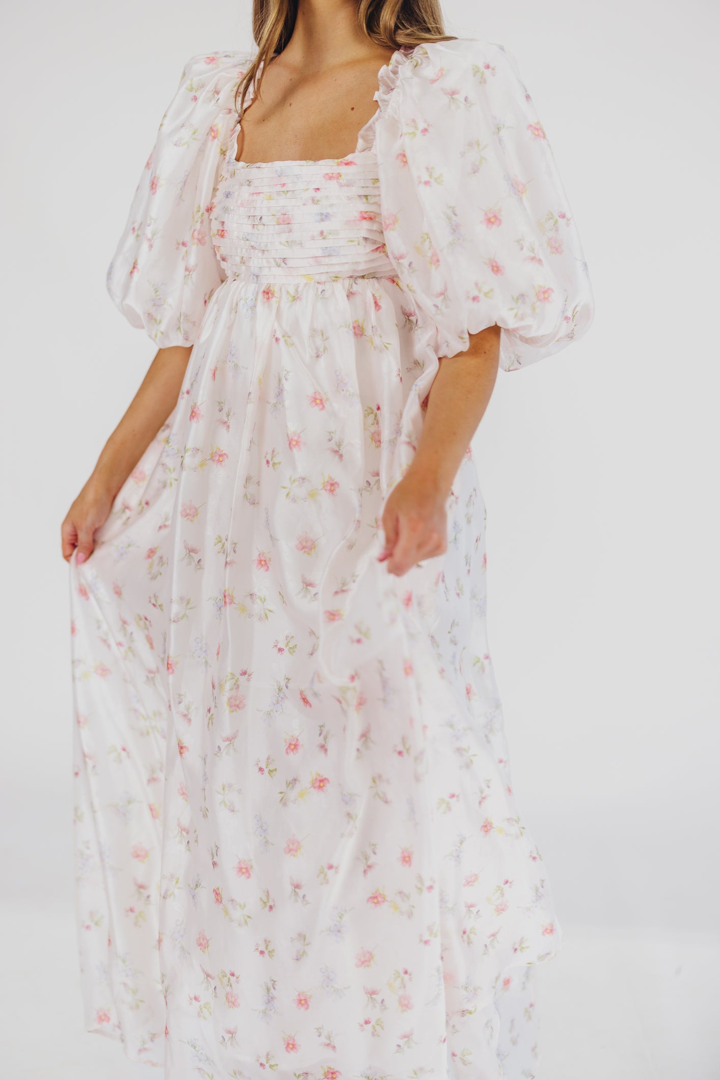 Melody Maxi Dress with Pleats and Bow Detail in Pink Rose Floral - Bump Friendly & Inclusive Sizing (S-3XL)