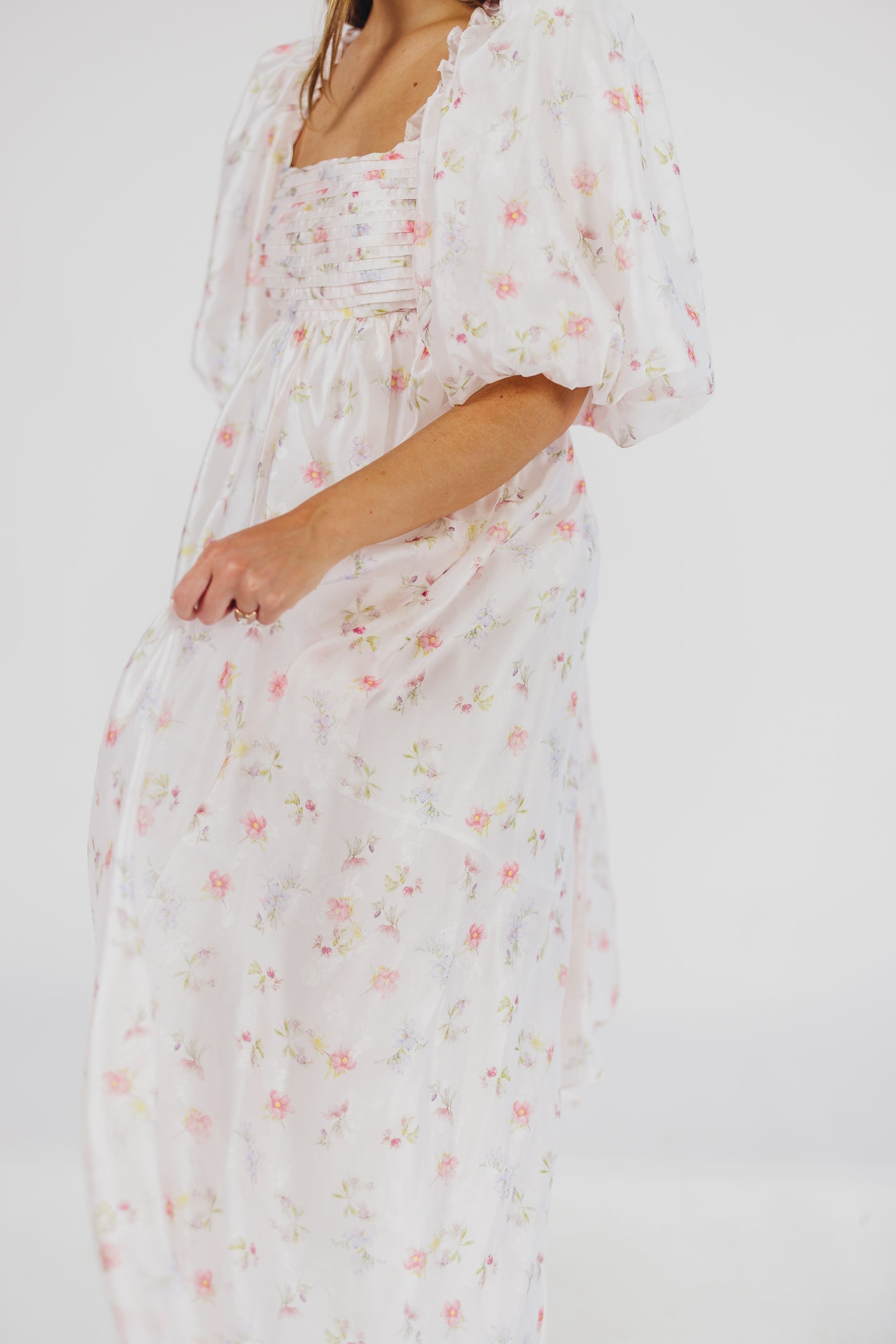 Melody Maxi Dress with Pleats and Bow Detail in Pink Rose Floral - Bump Friendly & Inclusive Sizing (S-3XL)