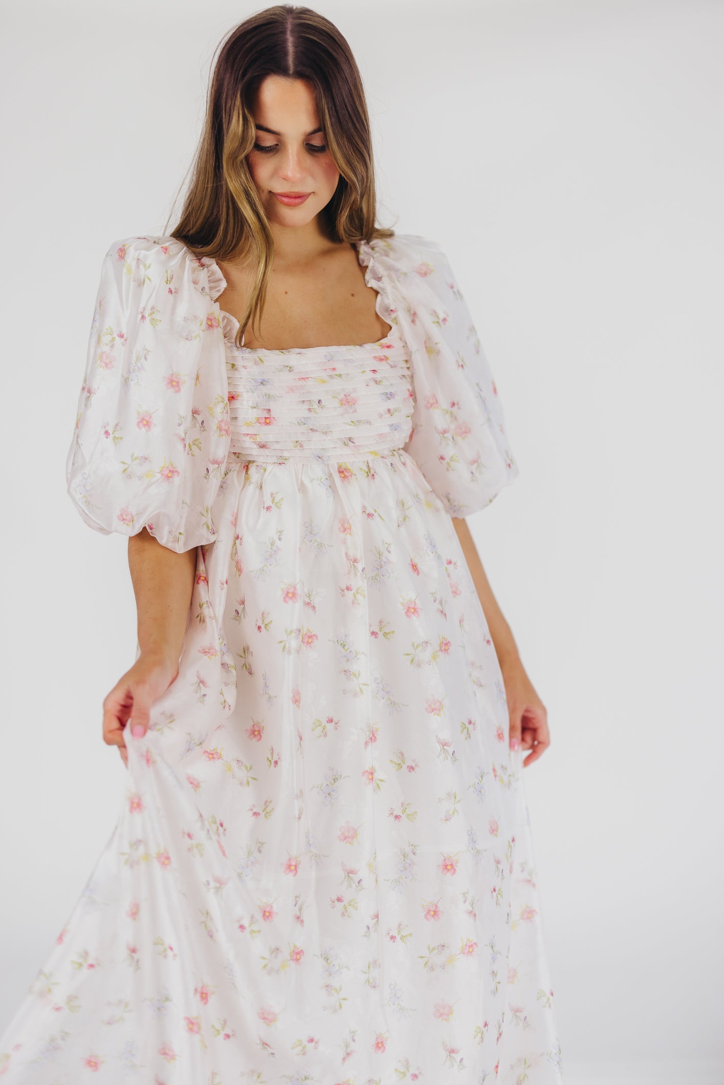 Melody Maxi Dress with Pleats and Bow Detail in Pink Rose Floral - Bump Friendly & Inclusive Sizing (S-3XL)