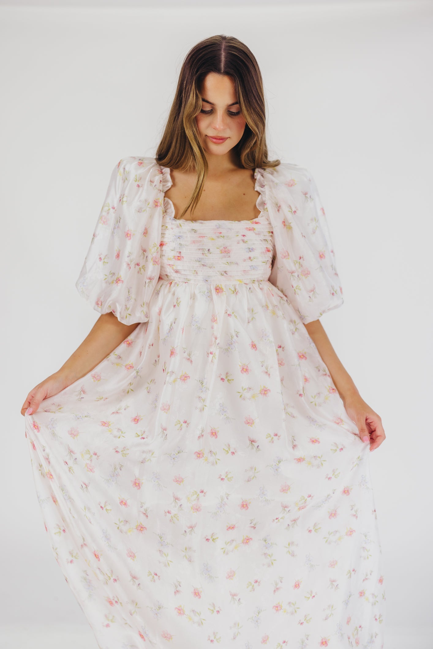 Melody Maxi Dress with Pleats and Bow Detail in Pink Rose Floral - Bump Friendly & Inclusive Sizing (S-3XL)