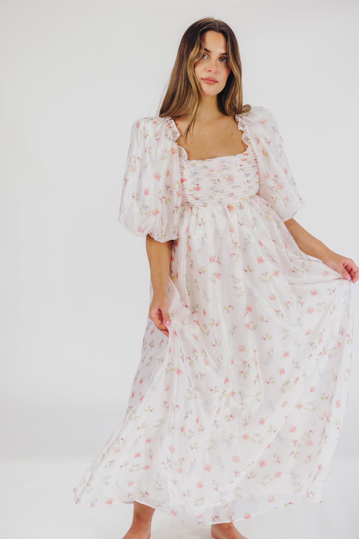 Melody Maxi Dress with Pleats and Bow Detail in Pink Rose Floral - Bump Friendly & Inclusive Sizing (S-3XL)