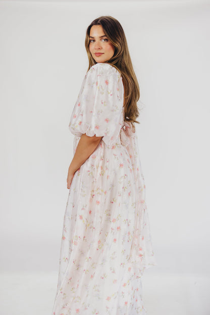 Melody Maxi Dress with Pleats and Bow Detail in Pink Rose Floral - Bump Friendly & Inclusive Sizing (S-3XL)