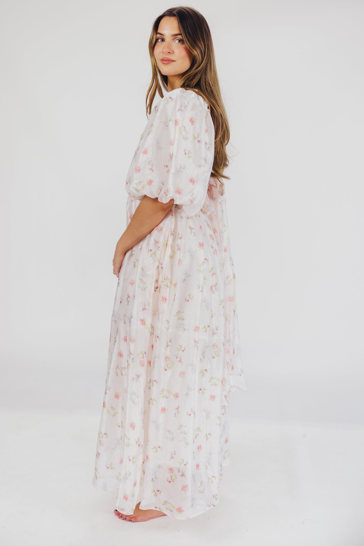 Melody Maxi Dress with Pleats and Bow Detail in Pink Rose Floral - Bump Friendly & Inclusive Sizing (S-3XL)