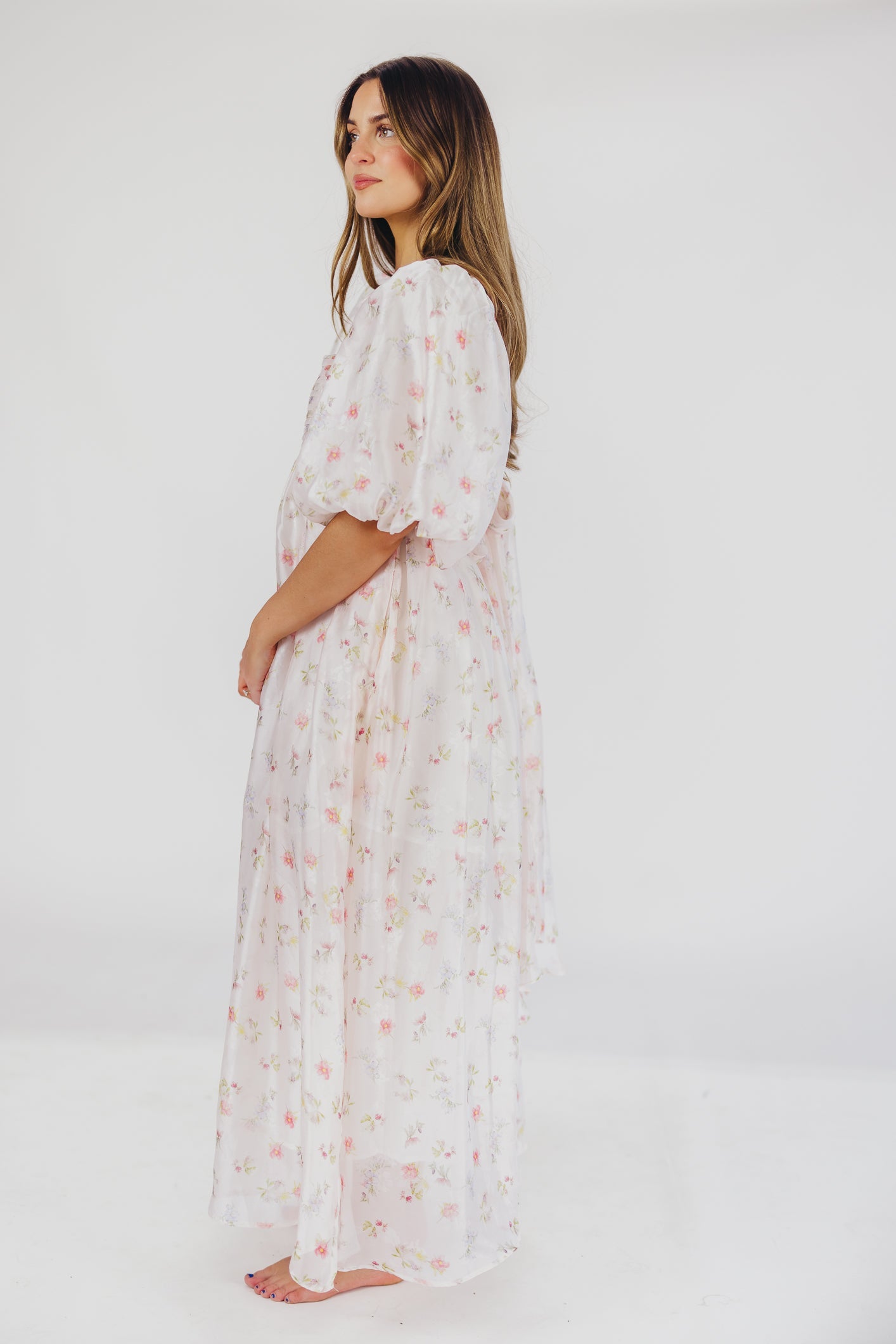 Melody Maxi Dress with Pleats and Bow Detail in Pink Rose Floral - Bump Friendly & Inclusive Sizing (S-3XL)