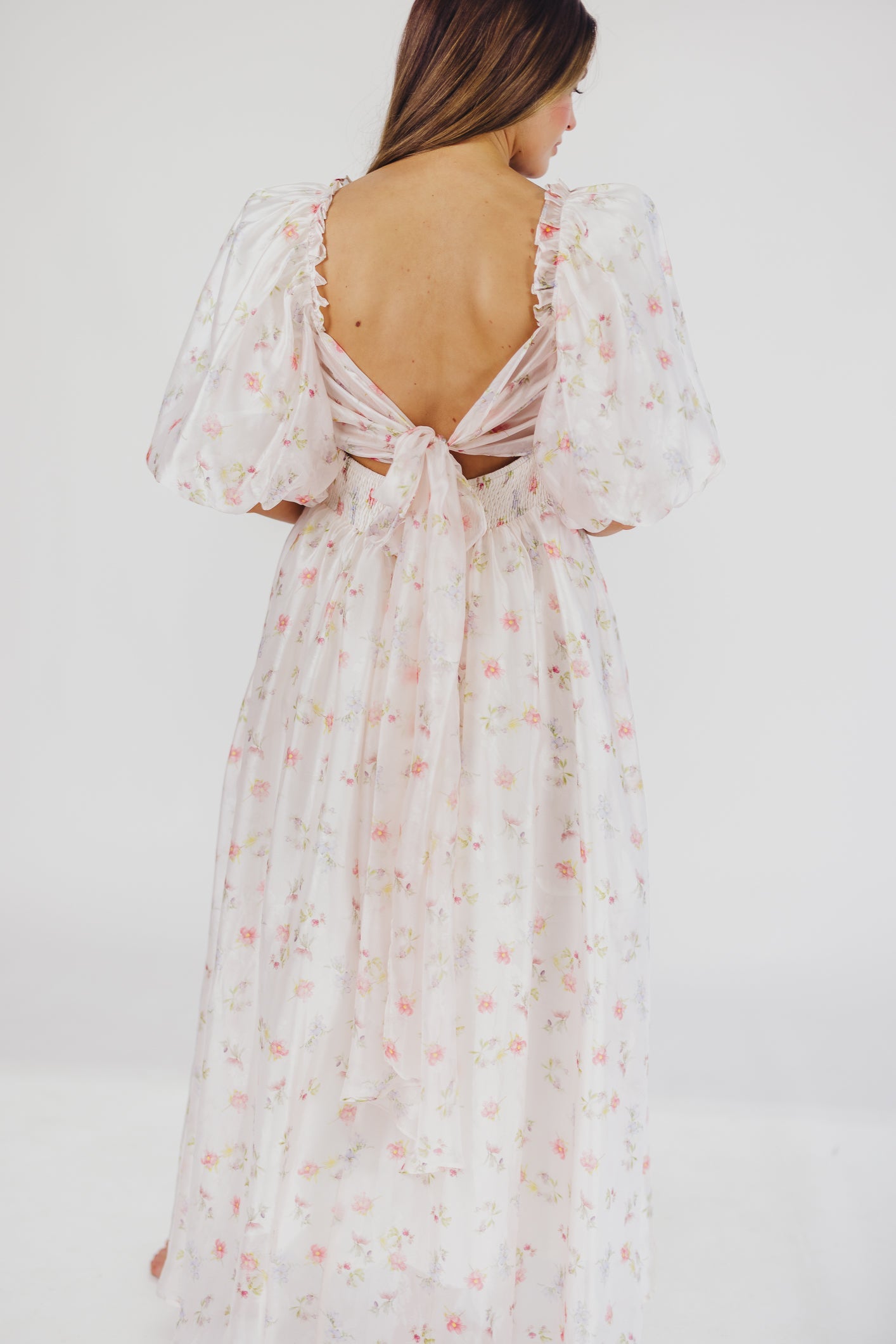 Melody Maxi Dress with Pleats and Bow Detail in Pink Rose Floral - Bump Friendly & Inclusive Sizing (S-3XL)